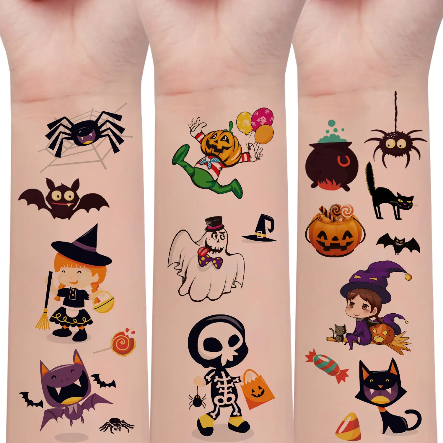 ملصقات وشم مؤقتة، 10 أوراق، تصميمات كرتونية للهالوين، شبح، قطة، ساحرة، مصاص دماء، قرع، خفاش، ملصقات فنية للجسم Fo