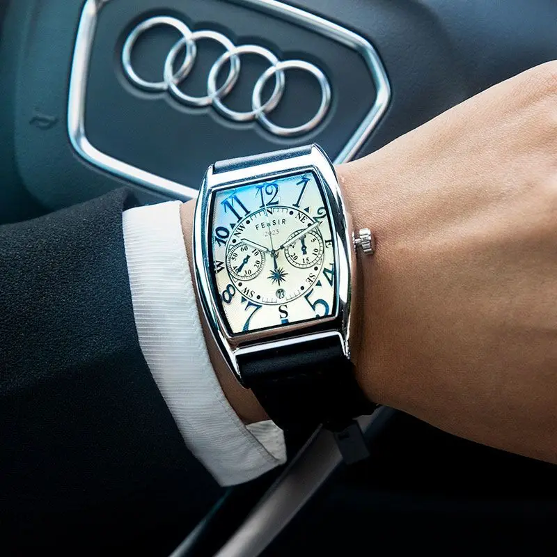 Barrel-Shaped Arabic Numeral Dial Watch for Male Students, Korean Style Fashion Calendar Waterproof Quartz Watch, Trendy Casual Business Men's Watch, Popular Style, Unique Niche Wristwatch, Preferred Gift Accessory