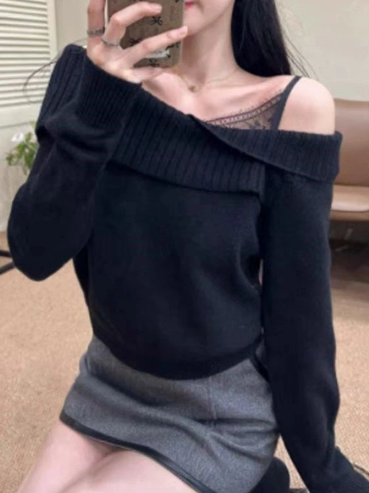 مثير الدانتيل oulder واحد بكتف واحد محبوك سترة المرأة Faionable الخريف أعلى تصميم الإحساس فريد ulari ملابس علوية #5