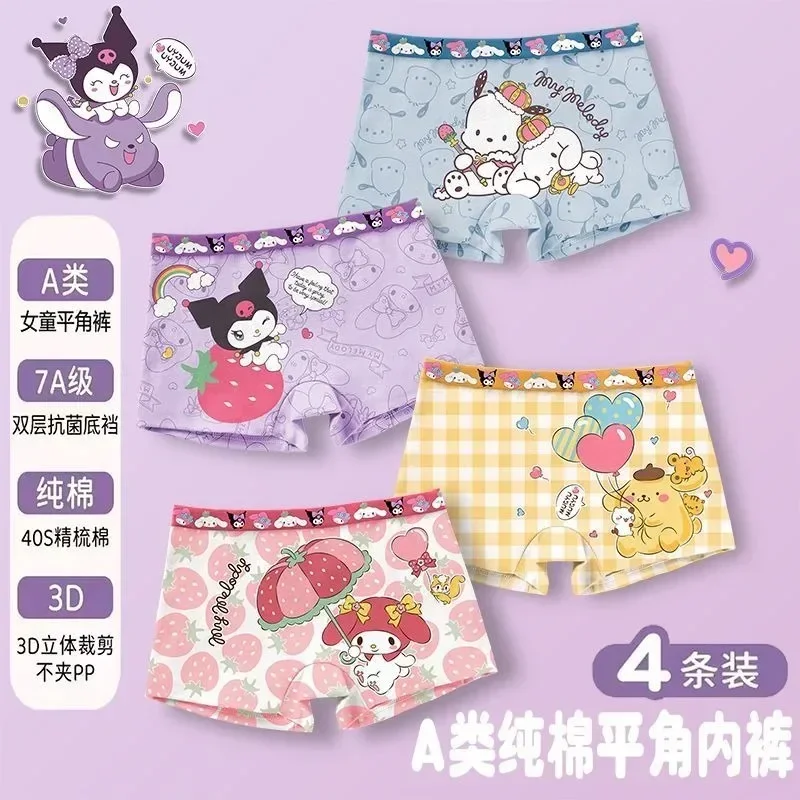 Anime Kawaii Sanrio Cotton Boxers para crianças, cueca fofa, My Melody Pochacco Shorts, calças de bebê, presentes para crianças, 4pcs