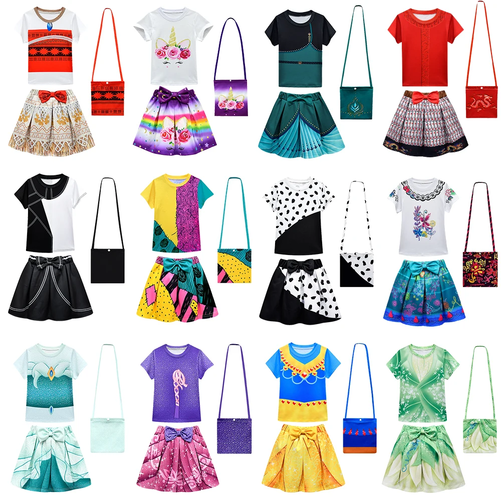 Encanto Girls Mirabel Princess Clothing Set Rapunzel Cruella Tiana Mulan Toddler Cartoon T-Shirt Tutu Skirt Halloween Costume