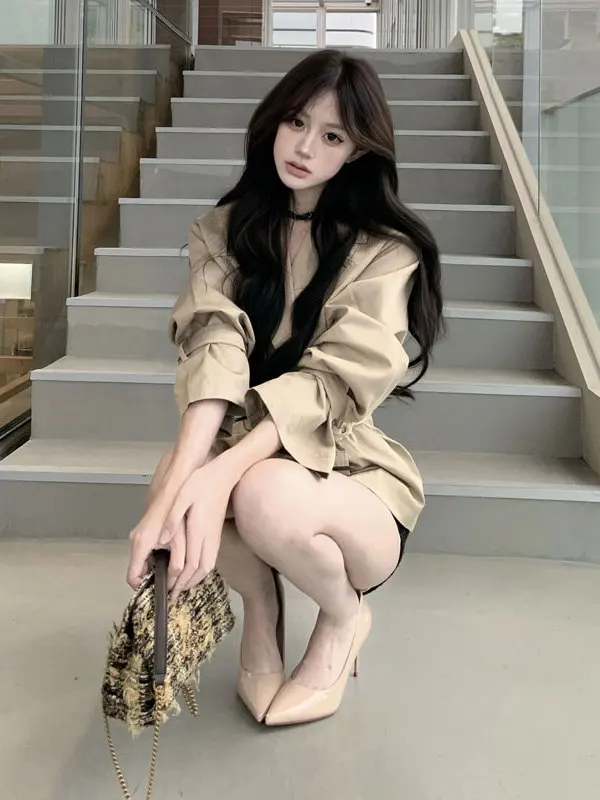 

Корейское модное осеннее пальто с двубортной застежкой, приталенное, в корейском стиле, для повседневной носки, однотонное, длинное, элегантное.