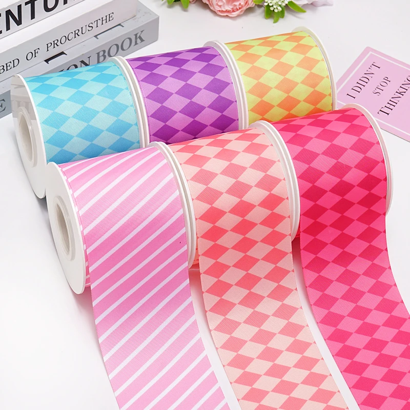 DIY Cartoon Geometric Grid Printed Grosgrain Ribbon For Craft Supplies Sewing Accessories 5 Yards. 86872