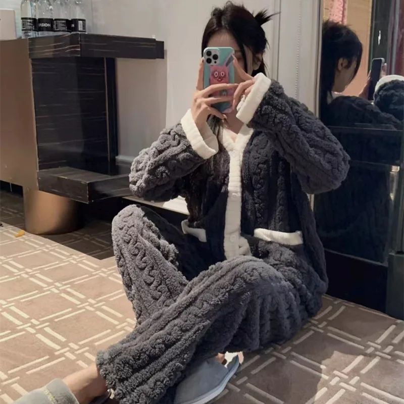 Autumn And Winter 2 Sets Of Maternity Women Sleepwear Homewear Women Thickened Loose Students Coral Velvet Pajamas Homewear