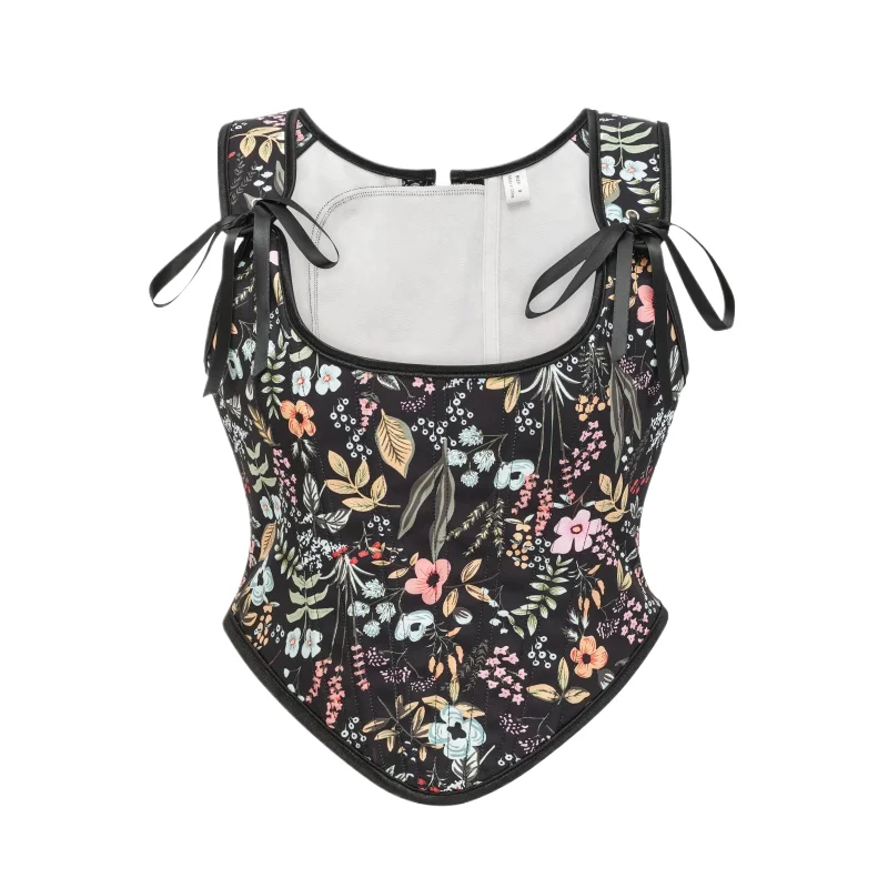 

Black Sexy Floral Print Victorian Medieval Vintage Gothic Women's Bandeau Corset Adjustable Straps Top Cosplay Costume