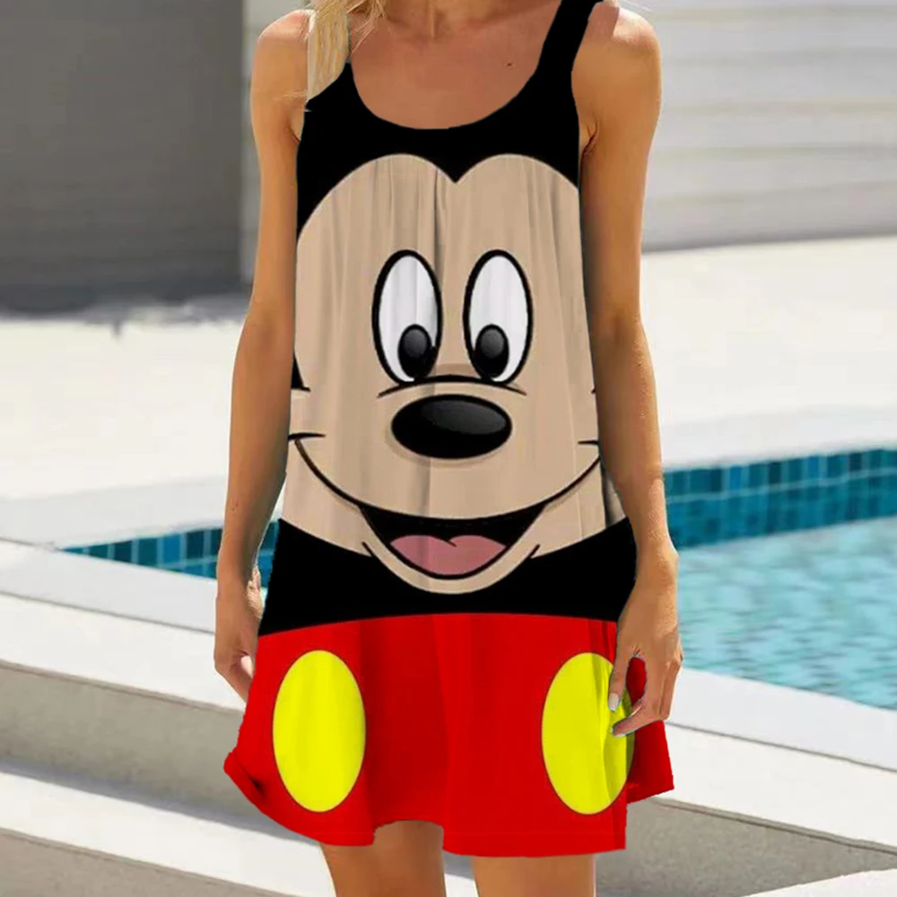 Mickey Mouse printed beach dress, red bikini cover up, women\'s backless beach dress, summer swimsuit, beach outfit