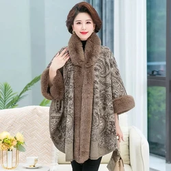 Big Fur Collar Shawl Jacket Autumn Winter Middle-aged Mother Loose Thick Cardigan Cloak Coat Women Casual Hooded Knitted Sweater