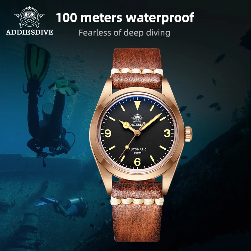 ADDIESDIVE Men\'s Bronze Automatic Wristwatches Leather Analog Watches Sapphire Waterproof Retro Luminous Diving Mechanical Watch