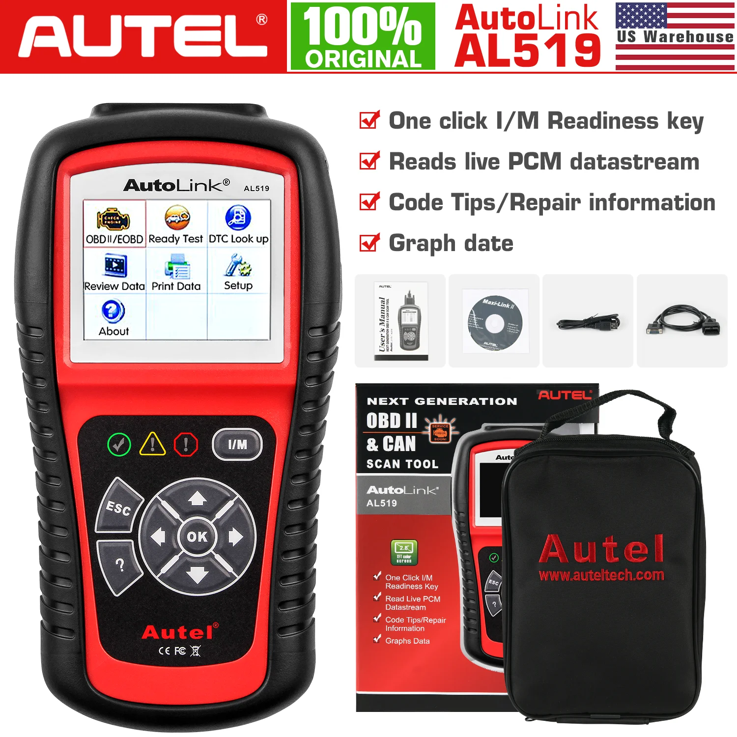 Autel AutoLink AL519 Car OBD2 Scanner Enhanced Mode 6 Automotive Diagnostic Tool DTC Lookup Check Engine Free Update pk ELM327