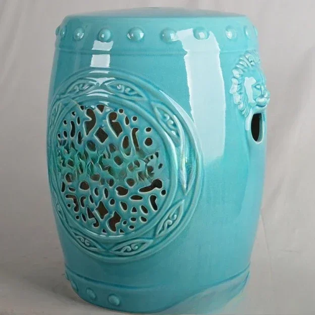 Creative color glaze Chinese drum pier classical lion head hollow antique pier ceramic stool living room decorative stool