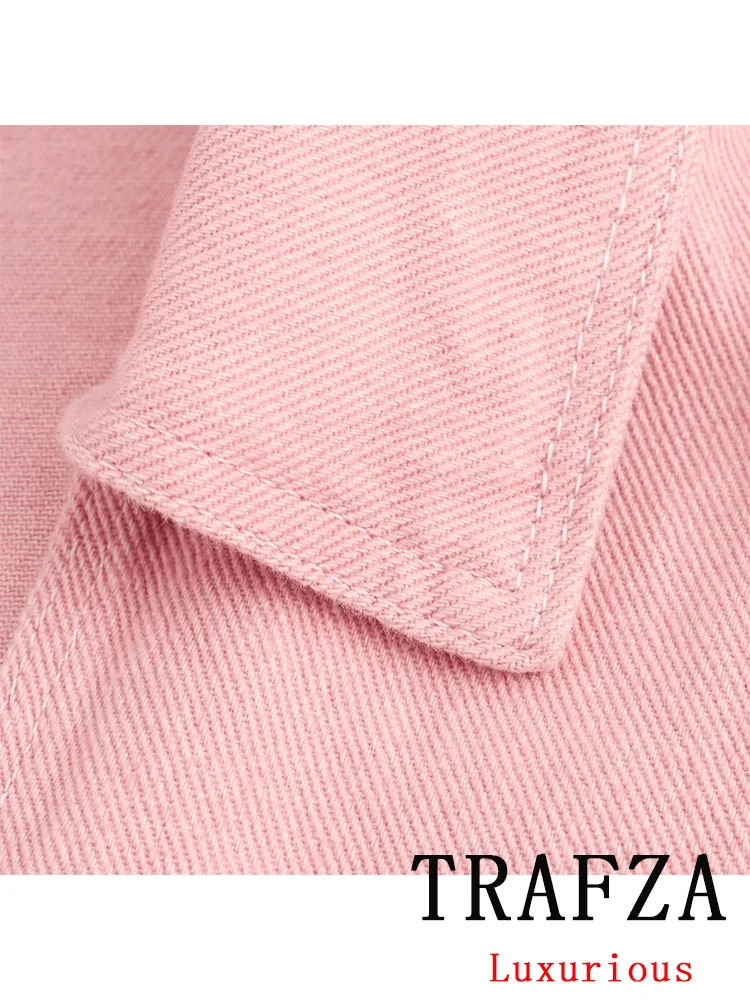 TRAFZA Vintage Casual Pink Denim Chic Women Suit V Neck Loose Jackets Loose Straight Buttons Shorts New Fashion 2024 Summer Sets