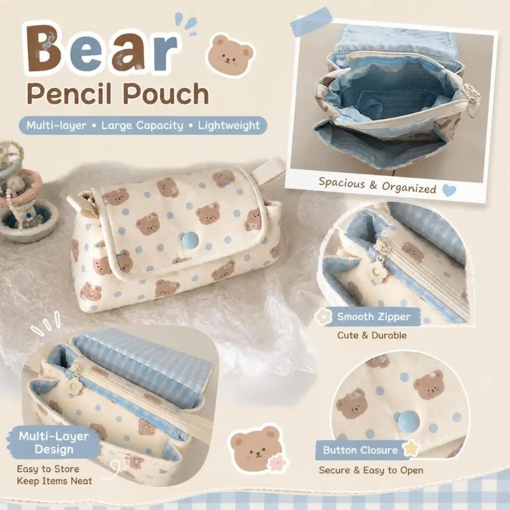 Cute Multi-Layer Pencil Pouch Bear Printed Button-closure Pen Bag Portable Lightweight Cosmetic Storage Bag Students Supplies