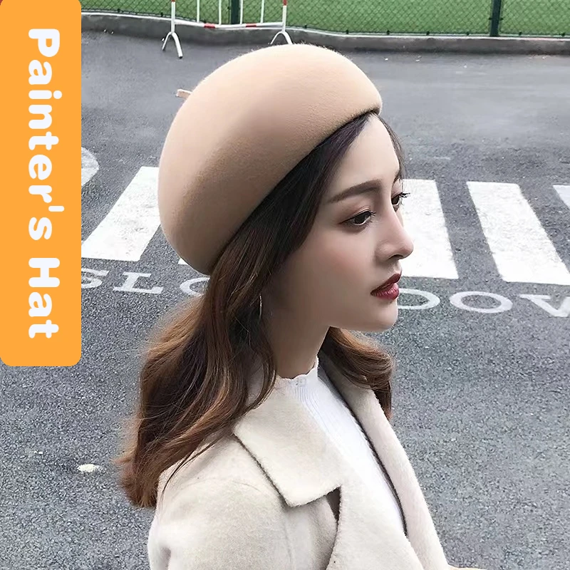 2022 Painter 100% Wool Felt Winter Beret Solid Warm Women\'s Beanies Classical French Fedoras Brimless Hat Ladies Gift Wholesale