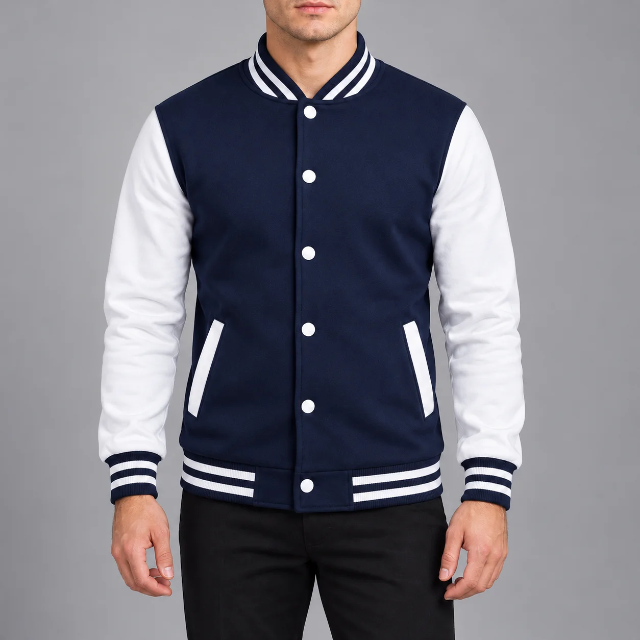 Retro Baseball Jacket for Men with Contrast White Sleeves, Snap Button Front and Striped Collar, Casual Autumn Winter Streetwear 4