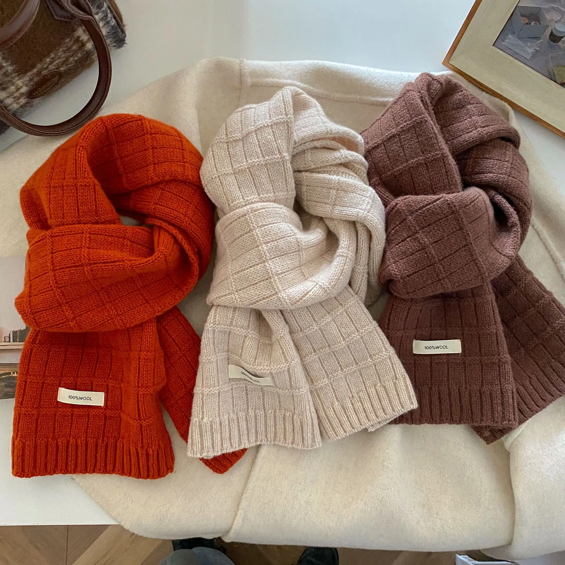 

2026 Winter pure wool scarves woman autumn Korea fashion brand luxury scarf green blue coffee beige gray red 100% wool scarf