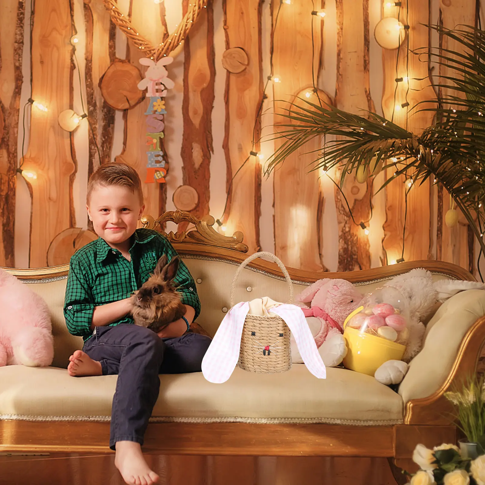 

Cute Rattan Bunny Bag Handwoven Wicker Storage Basket Children Decorative Handbag Photography Prop Children Rattan Handbag