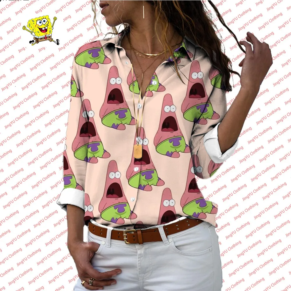 3D Fashion Trend Comfortable and Versatile Casual Shirt SpongeBob Cartoon Printed Ladies Long Sleeve Lapel Shirt