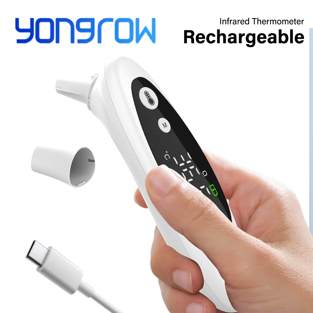 Yongrow Termometro auricolare a infrarossi ricaricabile 3 modalità Registrazioni di misurazione della temperatura fronte/orecchio/ambiente e luce di allarme