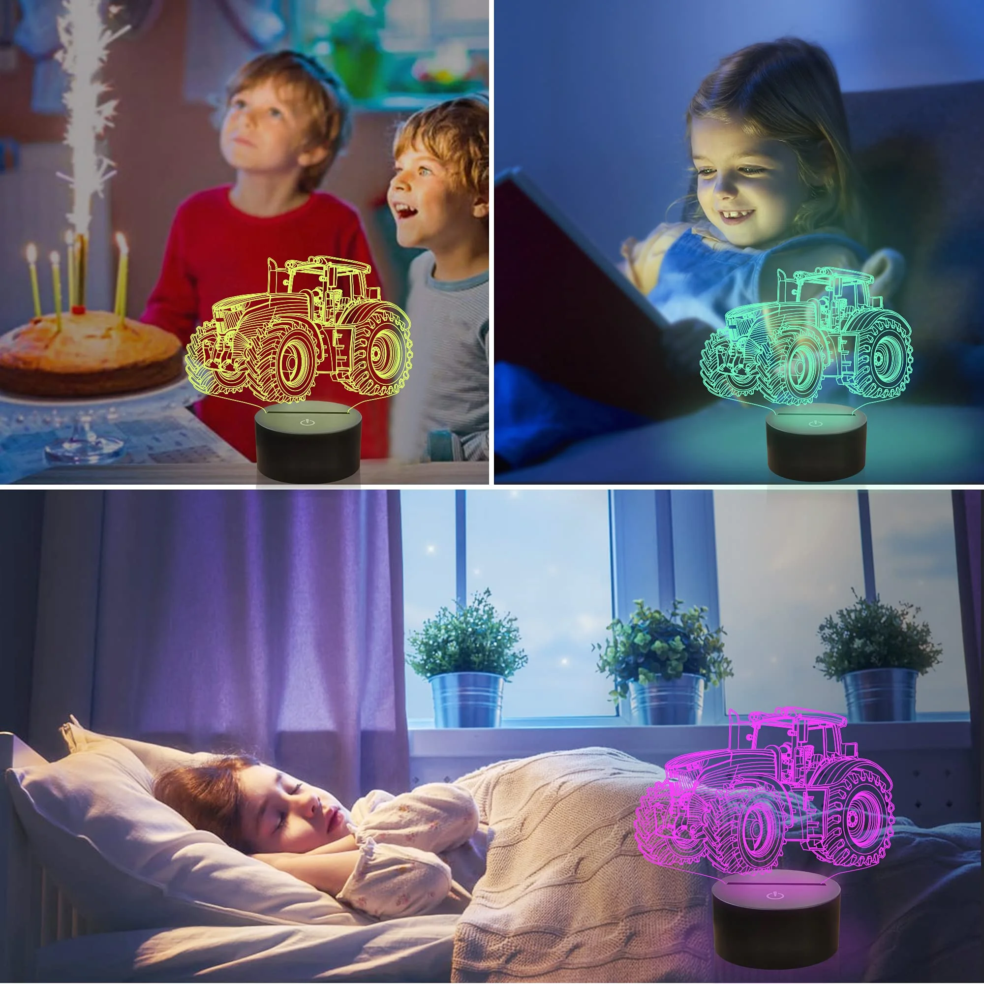 Tractor 3D Illusion Night Lamp, 16 Color Change Dimmable Hologram Light, Table Desk Bedroom Decor Creative Truck Gift for Kids