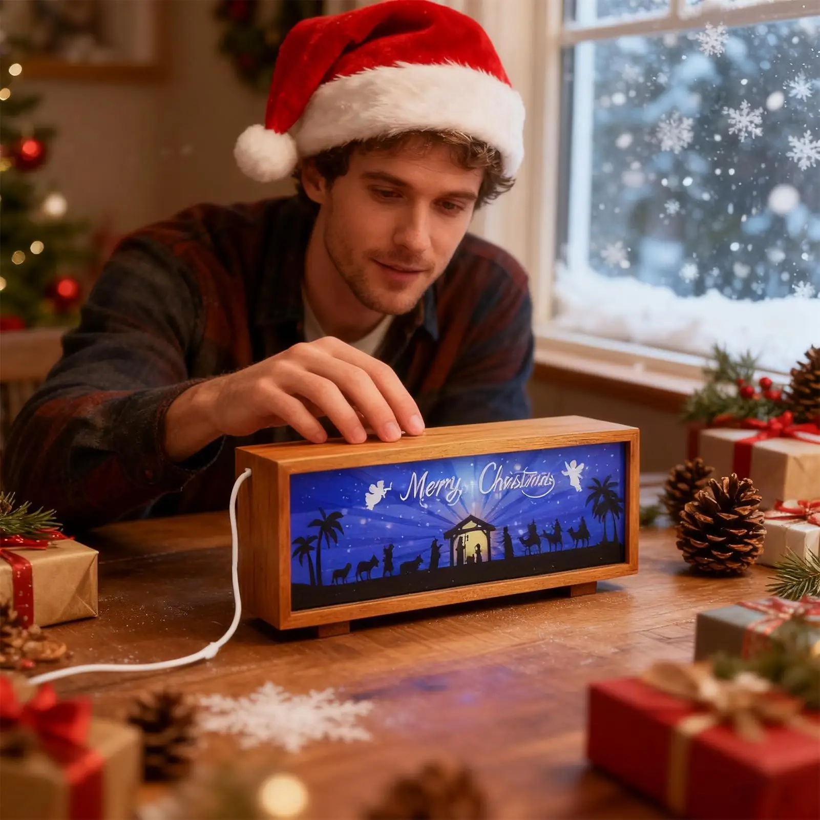 تضيء مشهد المهد LED منضدية فانوس الخشب زينة عيد الميلاد مشهد المهد لغرفة المعيشة غرفة نوم الحضانة