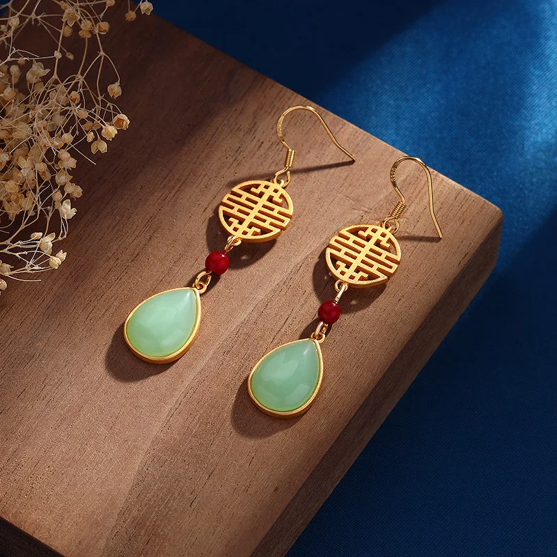 Natural Hotan jasper water-drop earings for women Chinese style retro double happiness long style Eardrop fashion jewelry