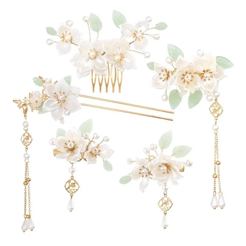 5PCS Camellia Flower Tassels Hairpin,Pearl Hair Clips Headpiece Retro Chinese Hanfu Wedding Brides Hair Accessories-A50M