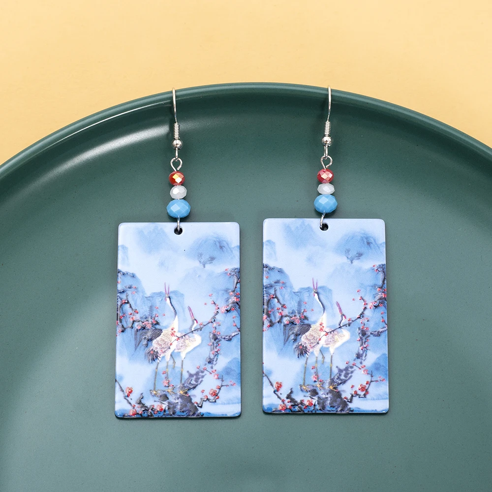 Fashion Crane Flower Mountain Relievo Print Blue Acrylic Earrings For Women Vintage Style Aesthetic Trend 2025 Elegant Jewelry