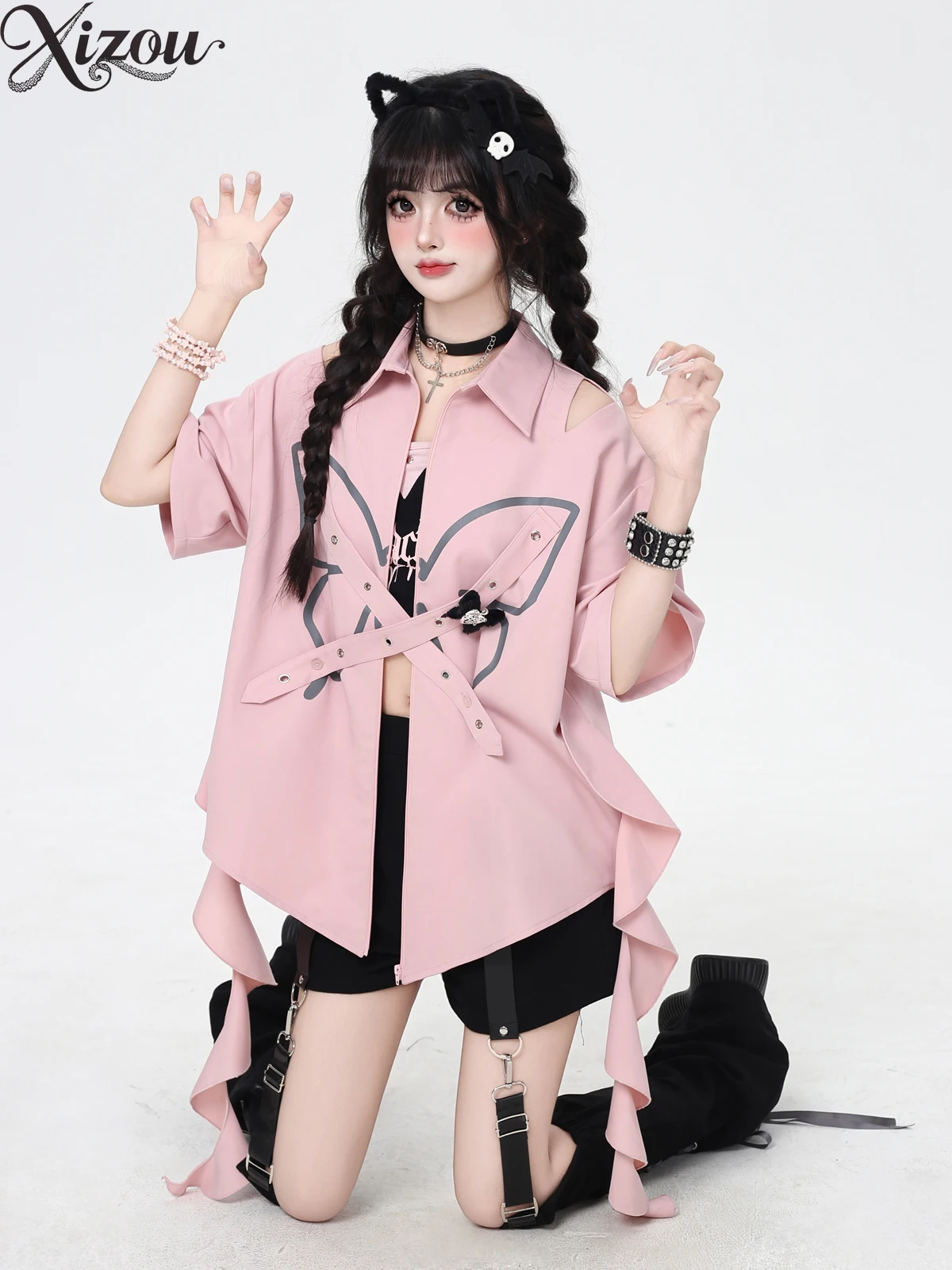 

Spring Summer Butterfly Japanese Women Shirt Top Sweet Cool Niche Gothic Pink Cutout Shoulder Cross Strap Ruffled Loose Jacket