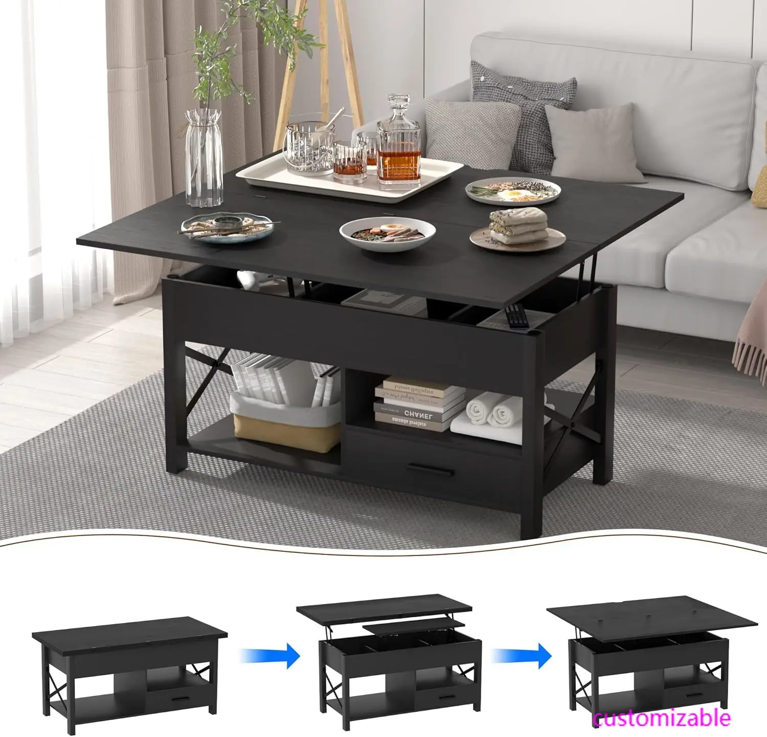

Lift Top Coffee Table, 42” Multi-Function Coffee Table Converts to Dining Table, Center Table with Storage Drawer , Black