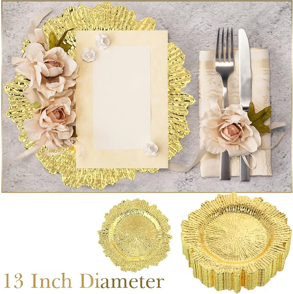 2/4/6/8PCS Gold Silver Charger Plates Set for Dinner Table Serving Tray Floral Plastic Decorative Plates for Wedding Party Table