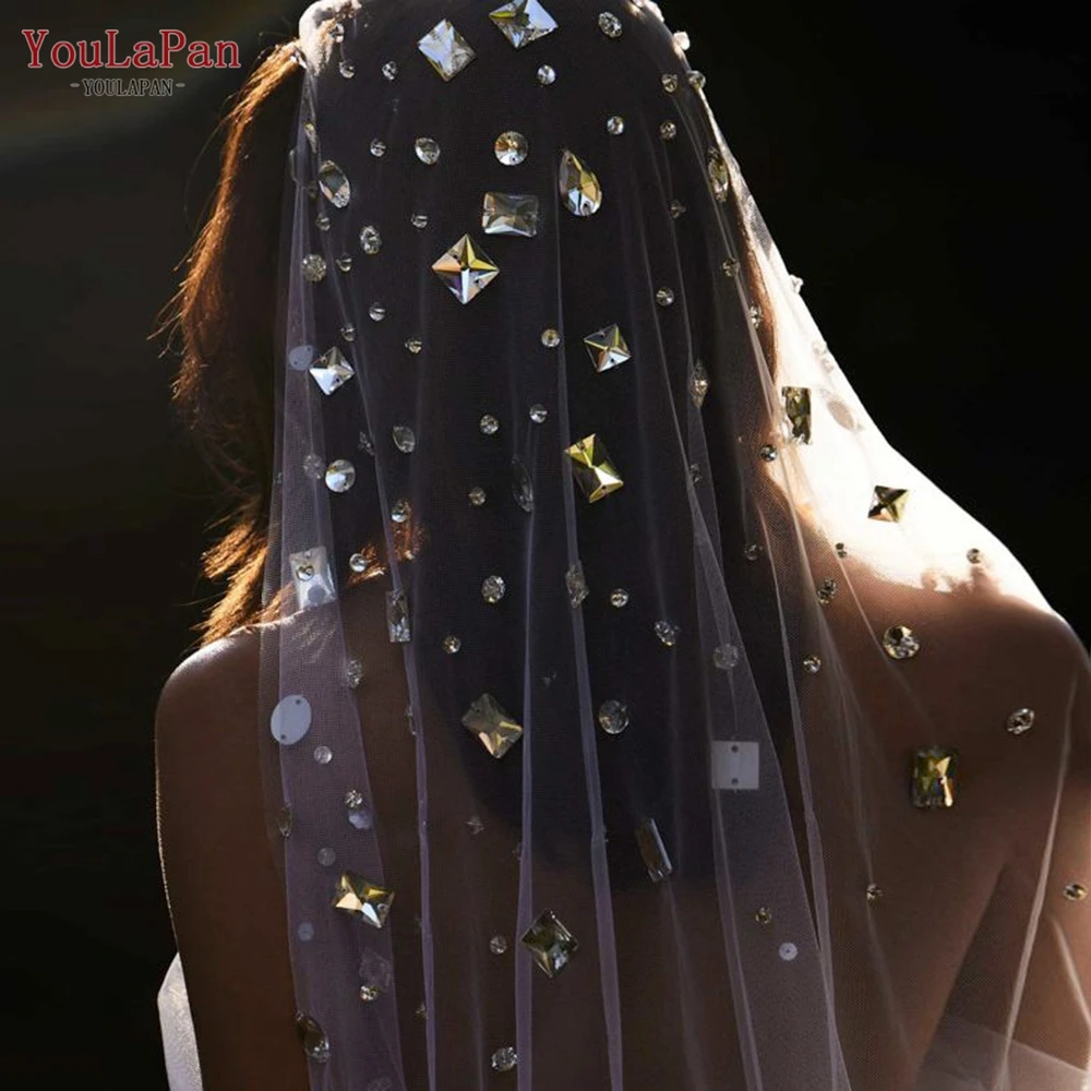 YouLaPan V177 Sparking Wedding Veil Celestial Crystal Bridal Veil Rhinestones Soft Single Tier Veil with Comb Bling Bling