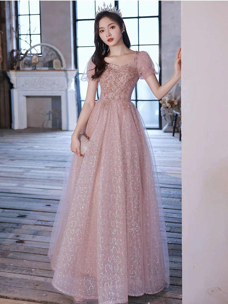 

Pink Long aduation Ball Gown Women's Ele Princ Dr for Banquet Performances ort Sve Middle Waist Bubble Sve
