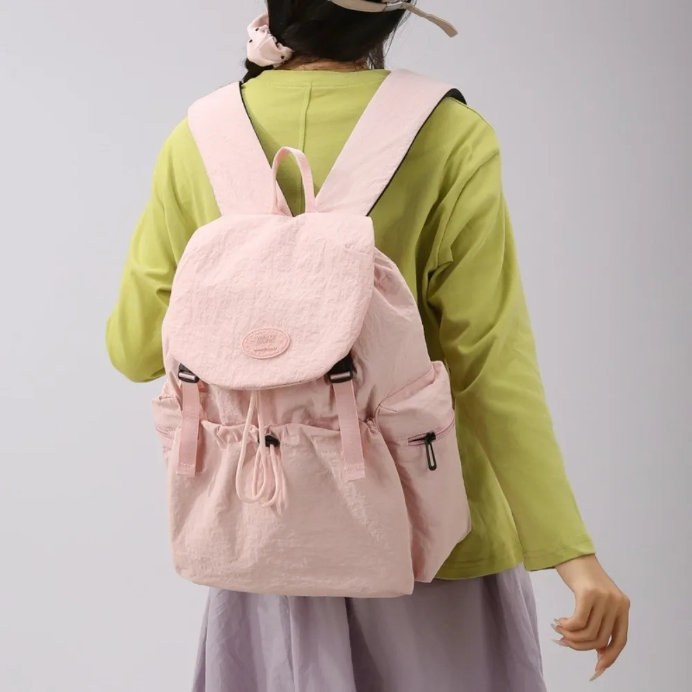 Practical Lightweight Drawstring Backpack Large Capacity Multi-way Carry Nylon Daypack Soft Flap Multi-pocket Rucksack For Women