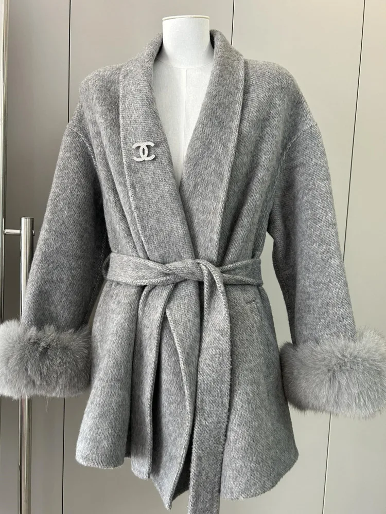 DFDG معطف صوفي قصير برباط من الكشمير للنساء بمزاج الموضة لخريف وشتاء 2024 مجموعة جديدة #6