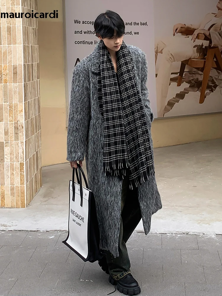 Mauroicardi Autumn Winter Oversized Long Thicken Warm Grey Woolen Coat Men Shoulder Pads Double Breasted Wool & Blends Overcoat