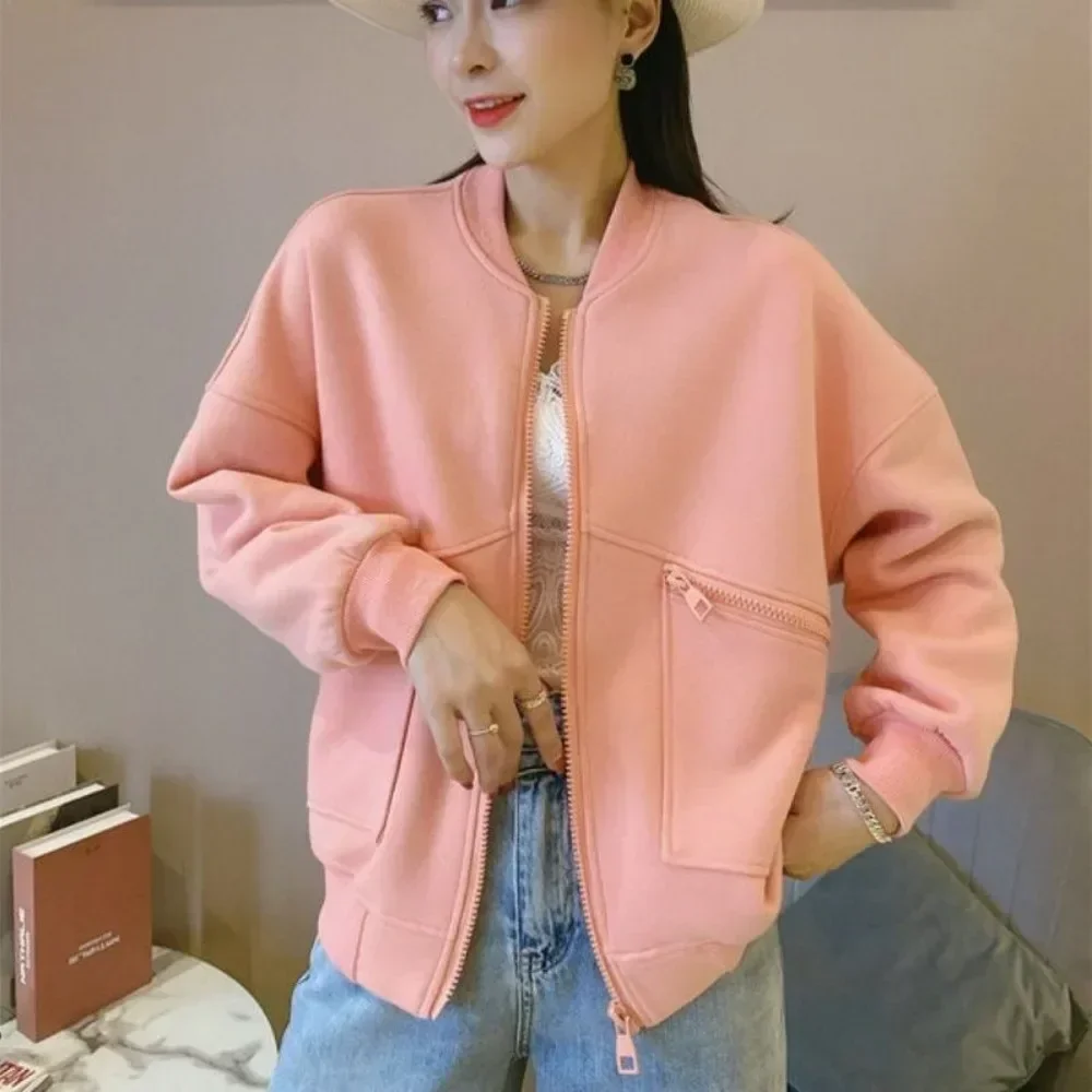 Plain Zip-up Loose Bomber Jacket for Women Offer Luxury Great Elegant Chic Deals Cheap 2025 Trend Baseball Aviator Coat Woman