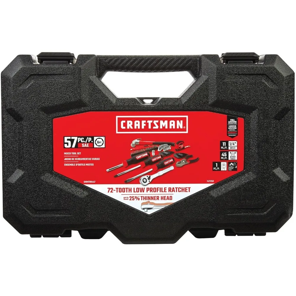 57-Piece Mechanics Tool Set with Sockets, Ratchet, Screwdrivers, Hammer, Pliers for Home and Auto Repair