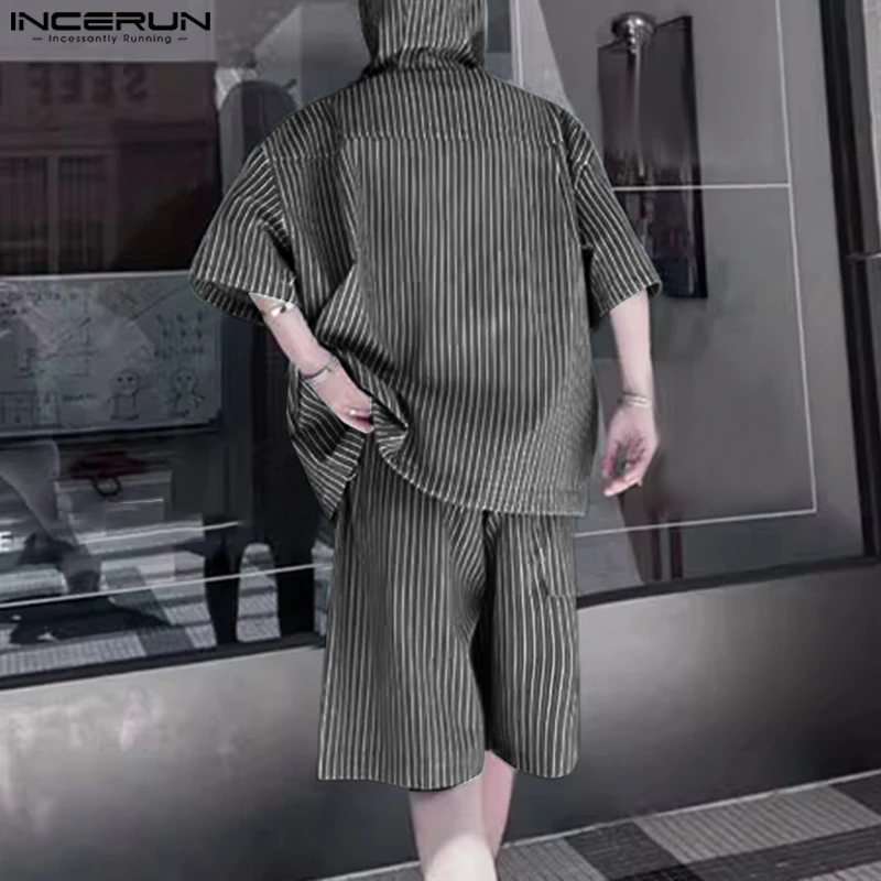 

INCERUN Men's Sets Striped Two-piece Suits Fashion Summer Hooded Shirts Casual Male Shorts Streetwear 2PCS Tops Short Pants