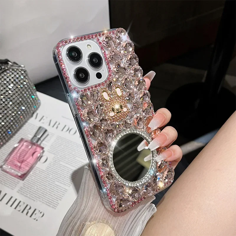 Bling Diamond Cute Rabbit Case for iPhone 11 12 13 14 15 Pro Max XR XS 7 Plus Glitter Rhinestone Mirror Makeup Luxury TPU Cover