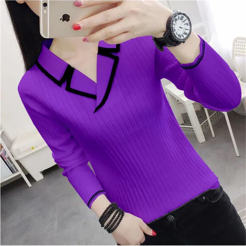 Women\'s Korean Elegant V-neck Slim Contrast Color Knitted Sweaters Autumn Winter Long Sleeve Pullovers Basic Ladies Tops Jumpers