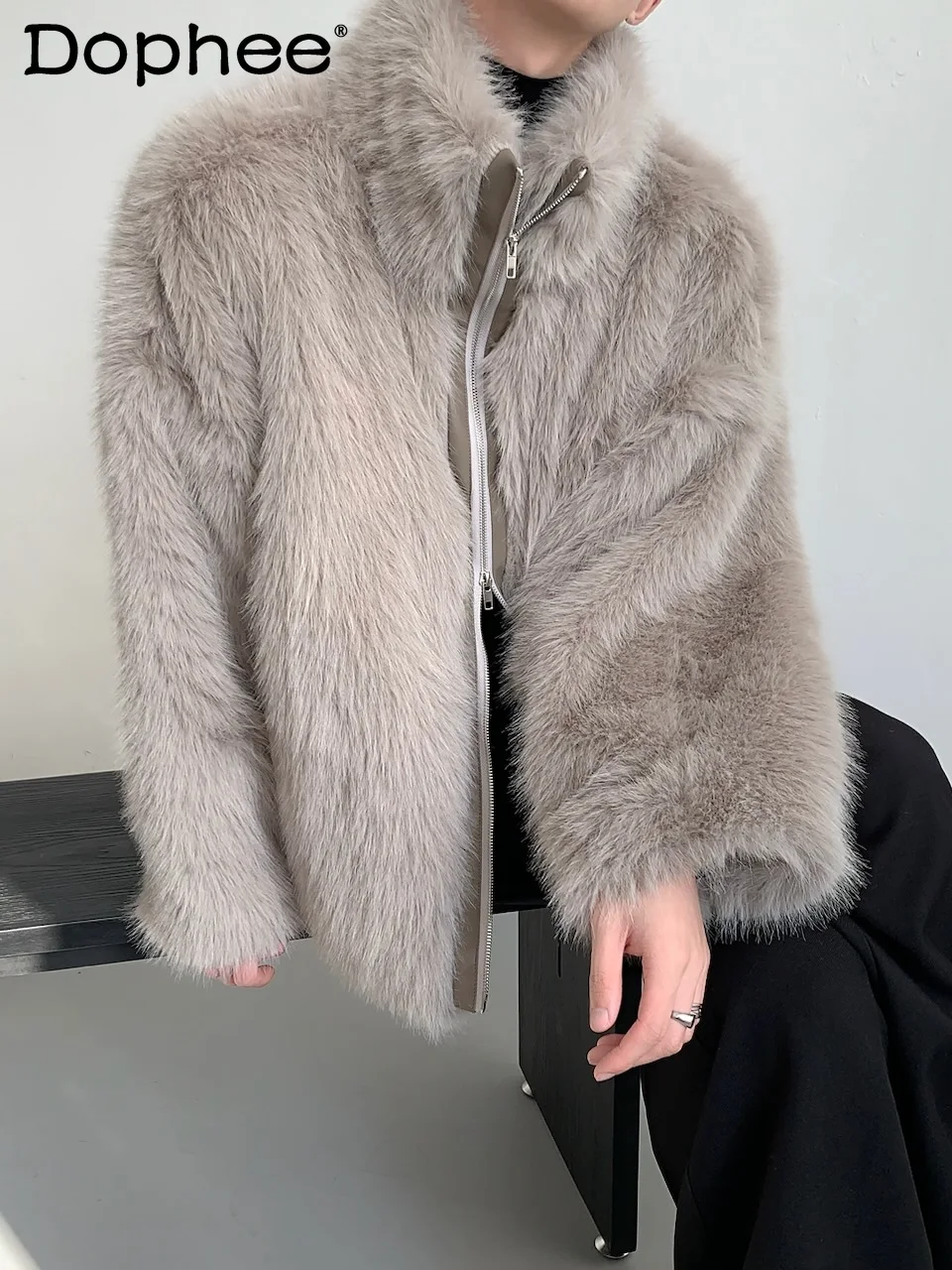 

2025 Autumn Winter New Eco-Friendly Fur Cardigan Jacket Stylish Men's Warm High-End Fashion Trend Zipper Stand Collar Jacket
