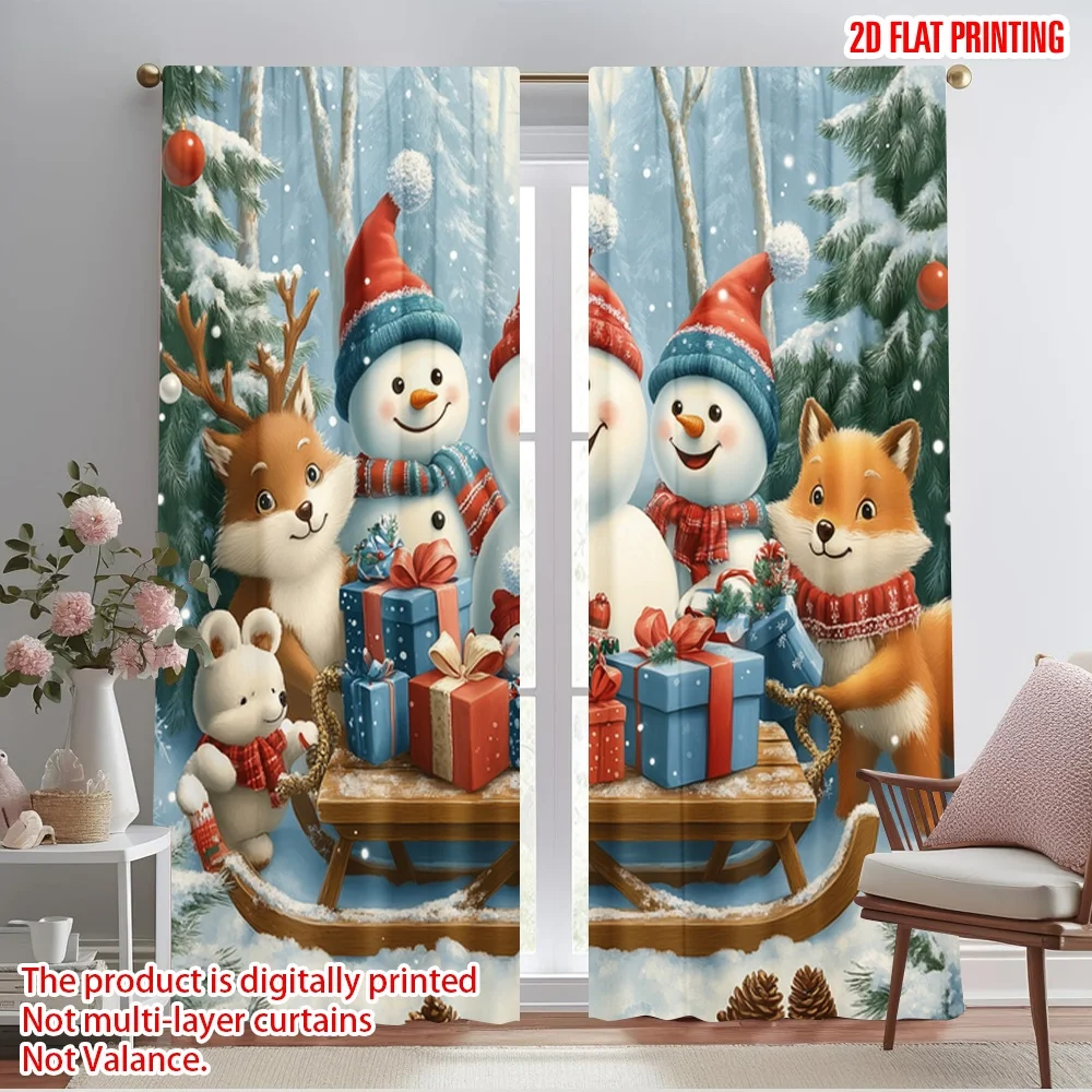 2pcs,2D plane printing Curtain Fabric Cute Snowmen Forest Friends (2) Versatile Polyester (without rod) Decorations Outdoor for