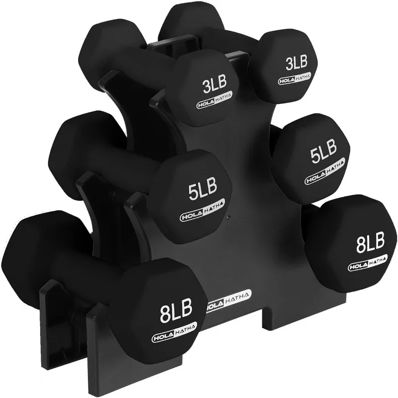 

HolaHatha 3, 5, 8 Pound Neoprene Dumbbell Free Hand Weight Set with Rack, Ideal for Home Exercises 32 LB