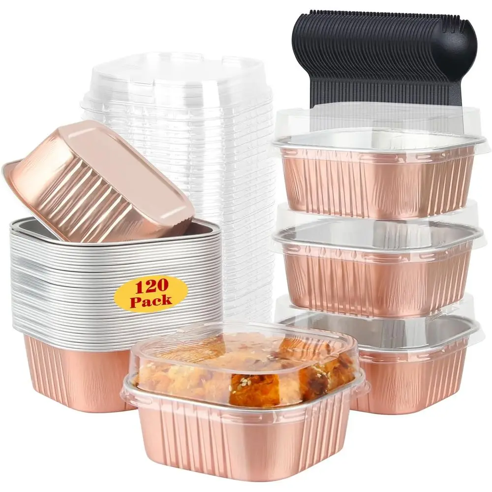 

Set of 120 Mini 10oz Foil Cake Tins with Lids, 4x4 Disposable Brownie Pans, Small Aluminum Muffin Bread Pan, Jumbo Cupcake Holde