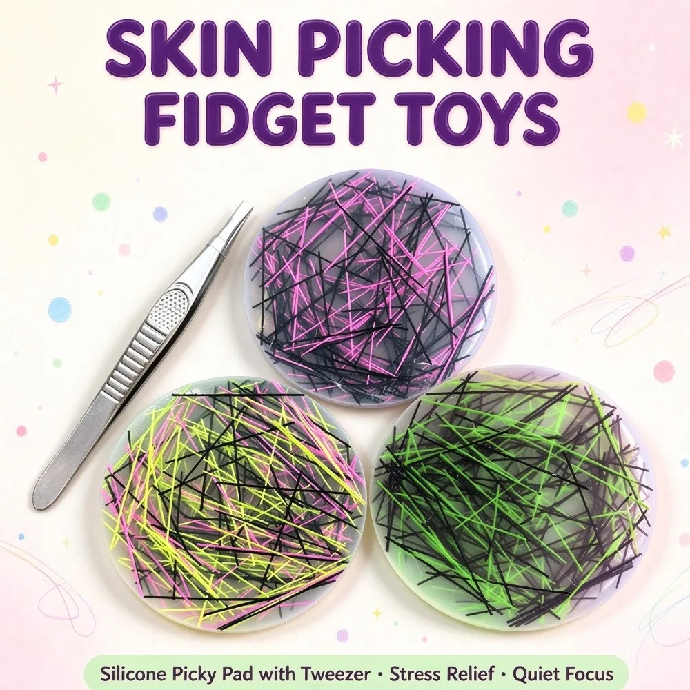 Skin Picking Fidget Toy Silicone Sensory Picky Pad with Tweezer Hair Pulling Anxiety Stress Relief Toy for Autism Adults