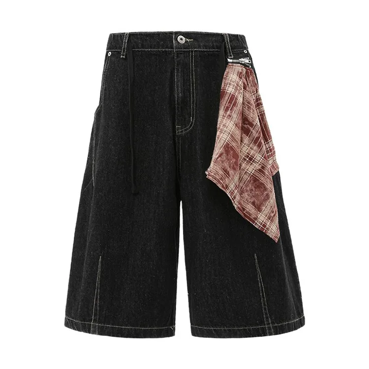 Men's Casual Summer Oversized Denim Shorts Woven Straight Style with Mid Waist Crystal Decoration