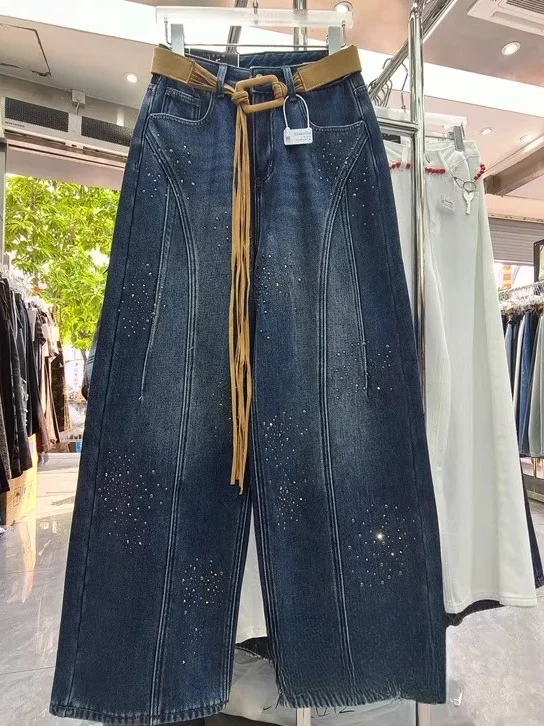 

Retro Casual Design Heavy Embellied Waist Belt Wide Leg Jeans Straight Leg Pants Spring 2026 New Sle Women's Denim