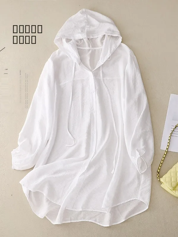 

High-End Long Sve Hooded irt Sun Protection Summer Air Conditioning Cardigan Loose Fit Button Sle Pure Color Commute F...