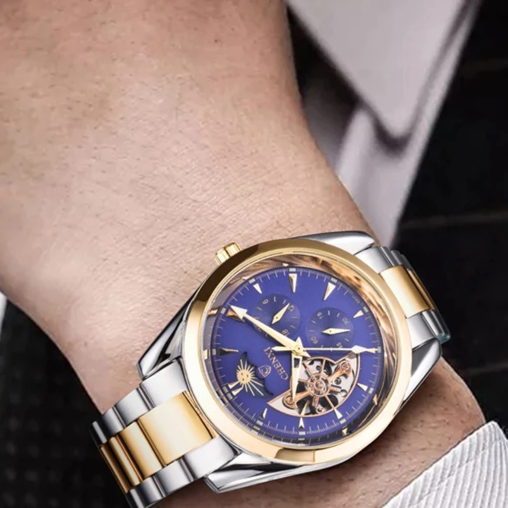 CHENXI 8801 ساعات رجالية مرحلة القمر توربيون ساعات فاخرة الذهب الفولاذ المقاوم للصدأ التلقائي ساعات المعصم الميكانيكية الرجال Reloj