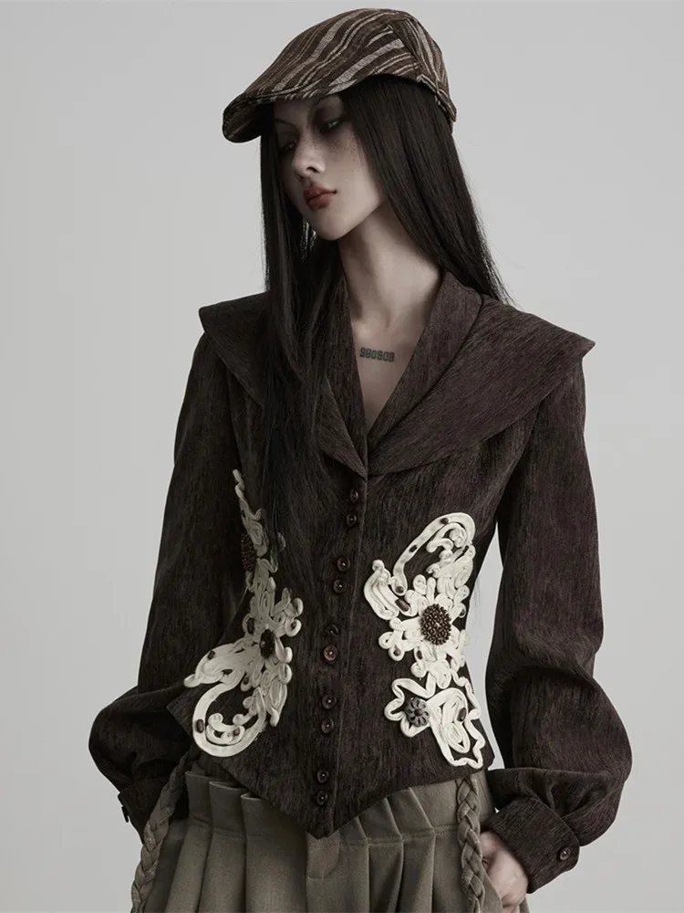 88-96cm Bust Autumn Short Coats Women Vintage Cropped Equestrian Jacket Wide Lapel Heavy-Duty Cord Embroidery Cinched Waist Tops